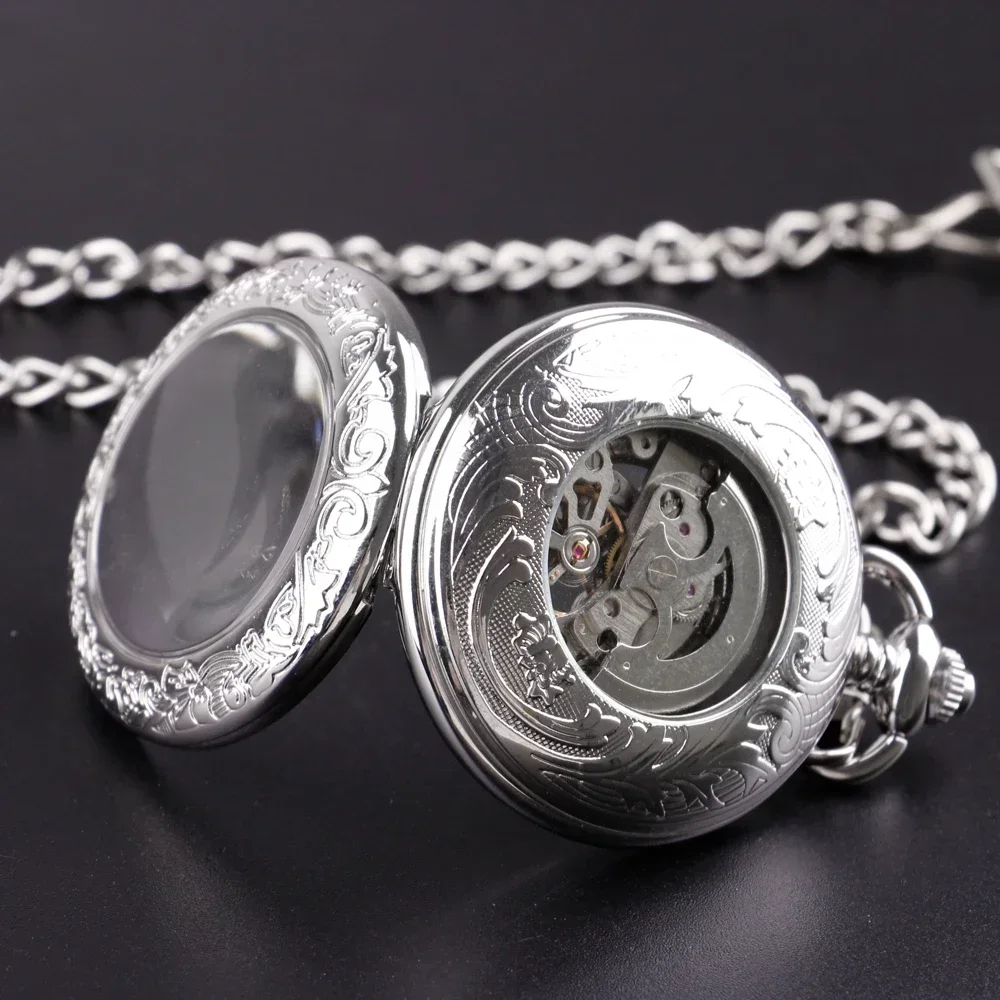 Montre de poche mécanique en acier inoxydable pour homme et femme, horloge à remontage manuel Steampunk, argent de luxe, cadeaux