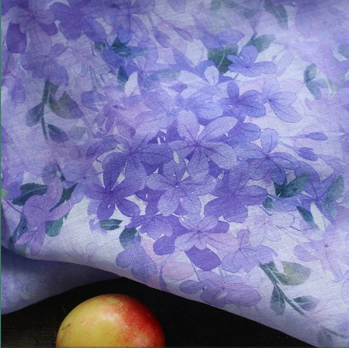 High quality ramie fabric Purple Hydrangea printing tissu Robe dress cheongsam material