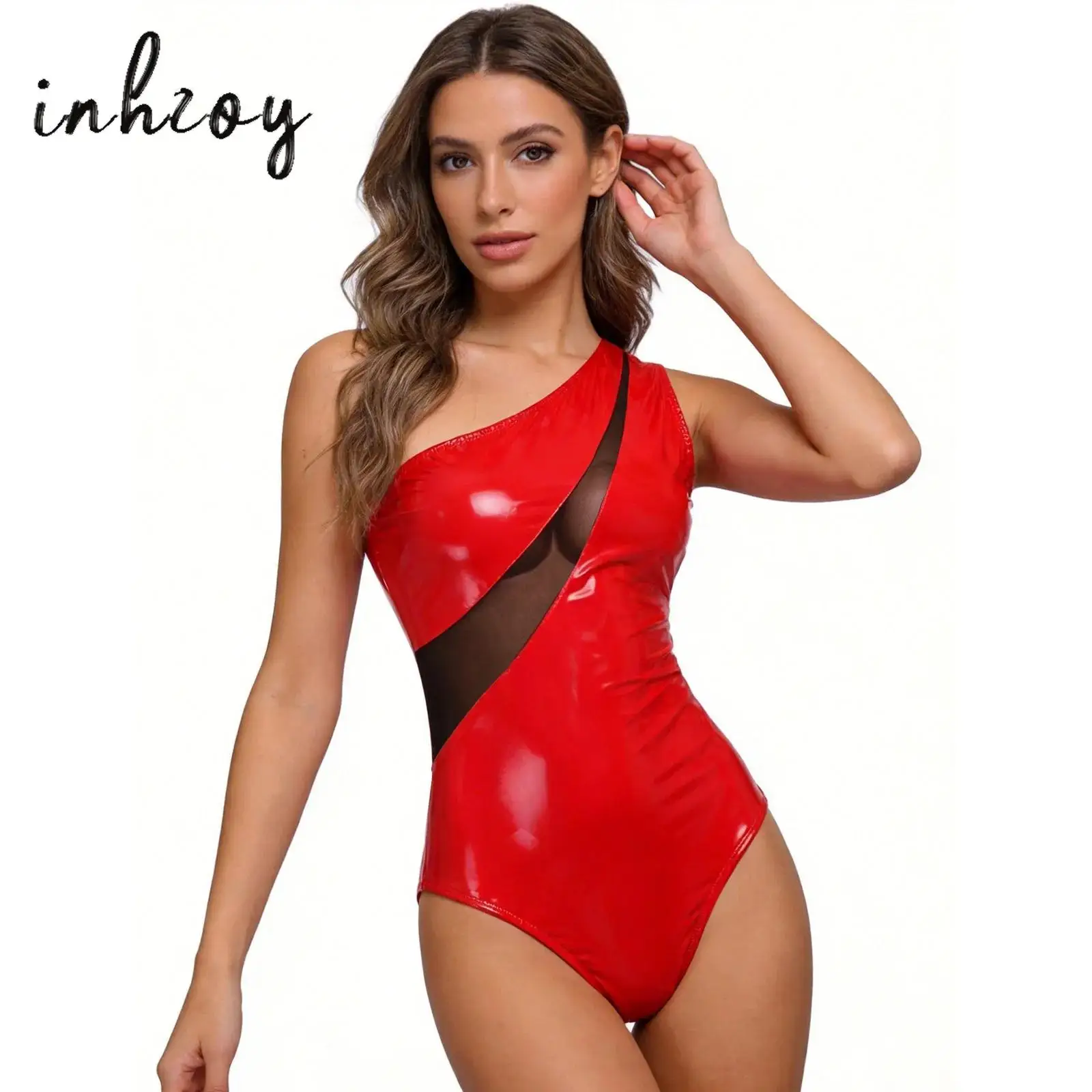 Body de cuero patentado para mujer, con malla transparente, sin mangas, con cremallera lateral, diseño de bloques de color, para fiestas, discotecas y espectáculos de baile.