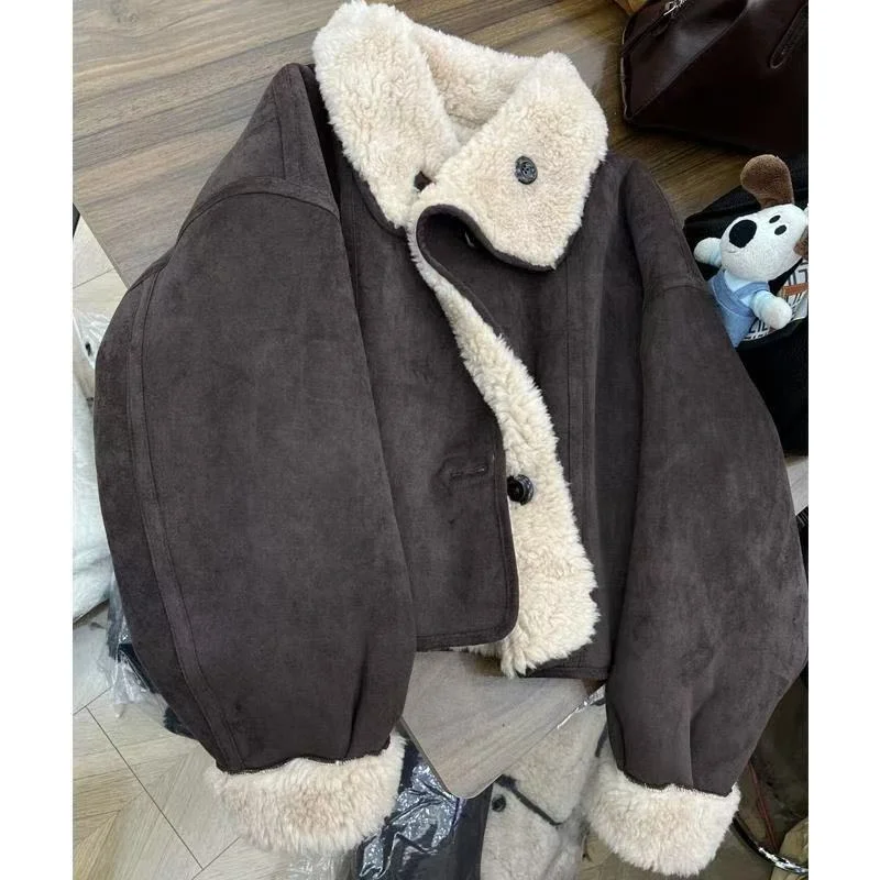 

Reversible Wear Lamb Wool Short Jacket Women's New Autumn Winter Elegant Button Long Sleeved Top Fashionable Lapel Warm Coat