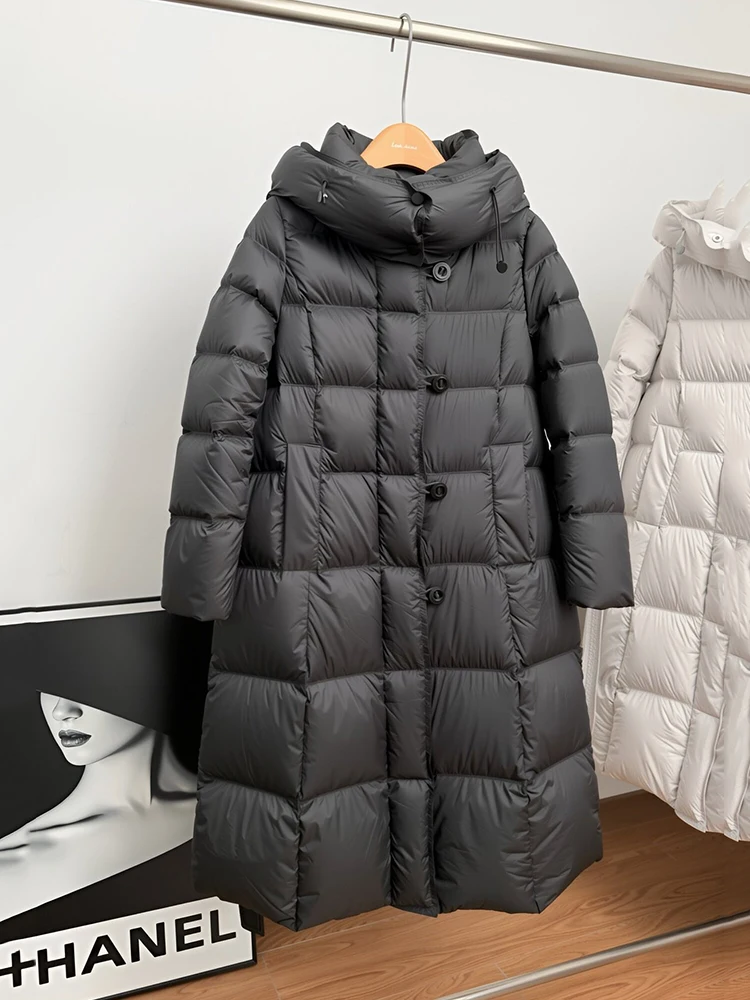 Winter Fashion White Duck Down Knee Length Quilted Outwears Women Long Hooded Down Jacket Female Zipper Thick Warm Parker Jacket