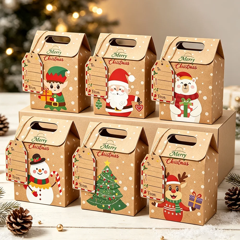 Lot de 24 boîtes cadeaux de Noël en papier kraft, avec étiquettes à suspendre, motifs de Père Noël, de bonhomme de neige, de renne et d’elfe, boîtes cadeaux de Noël avec anse pour bonbons.