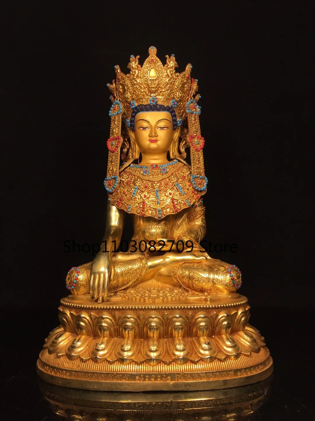 Tibetan brass gilt painted face drawing consciousness inlaid with gemstones Tara Guanyin statue ornament Home Buddhist Hall supp