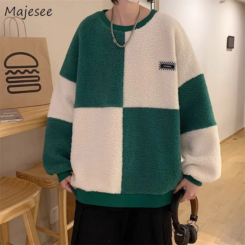 

Patchwork O-neck Hoodies Men Lambswool Thicker Plaid Couples Fall Winter Vintage Outwears Y2k Hoodie Harajuku New Arrival Ins