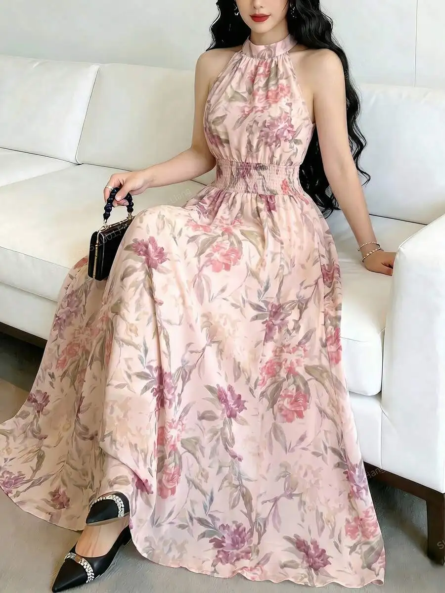

Sleeveless Floral Halter Neck A-Line Dress Blush Pink Smocked Waist Summer Casual