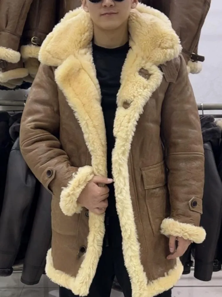 Negócios estilo casual cor sólida masculino mangas compridas com capuz pele real único breasted bolso artesanal casaco de pele de carneiro