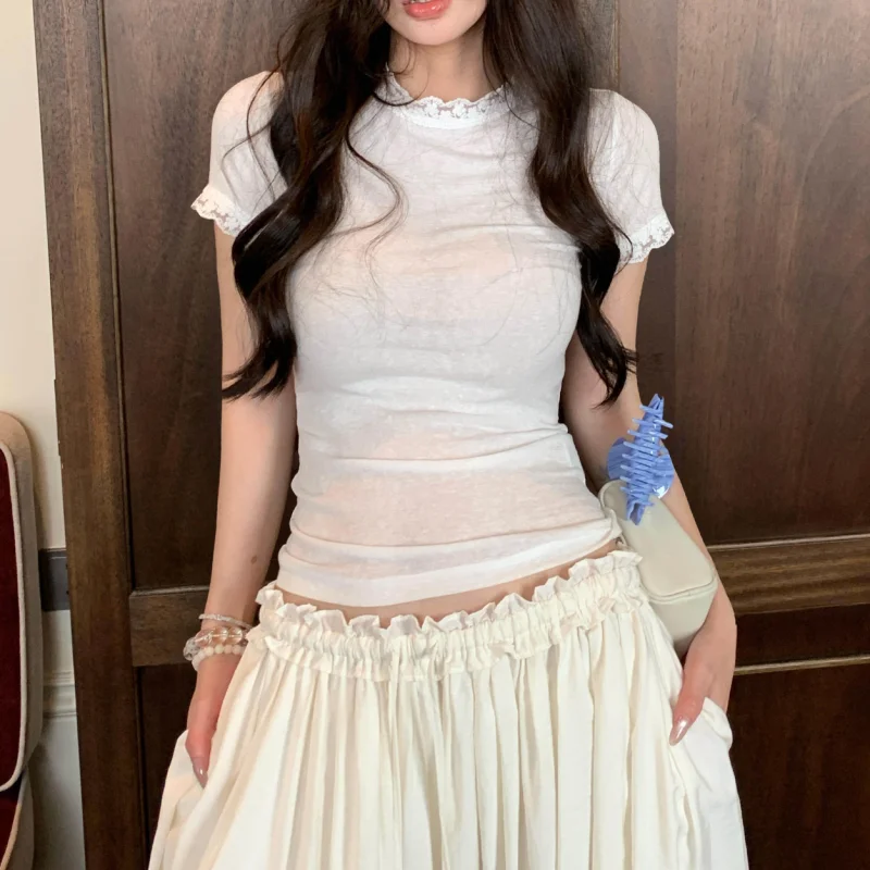 T-shirt For Women Lace Trim Slim Short Top Fashion Summer Casual Short Sleeves T Shirts White Thin Clothing