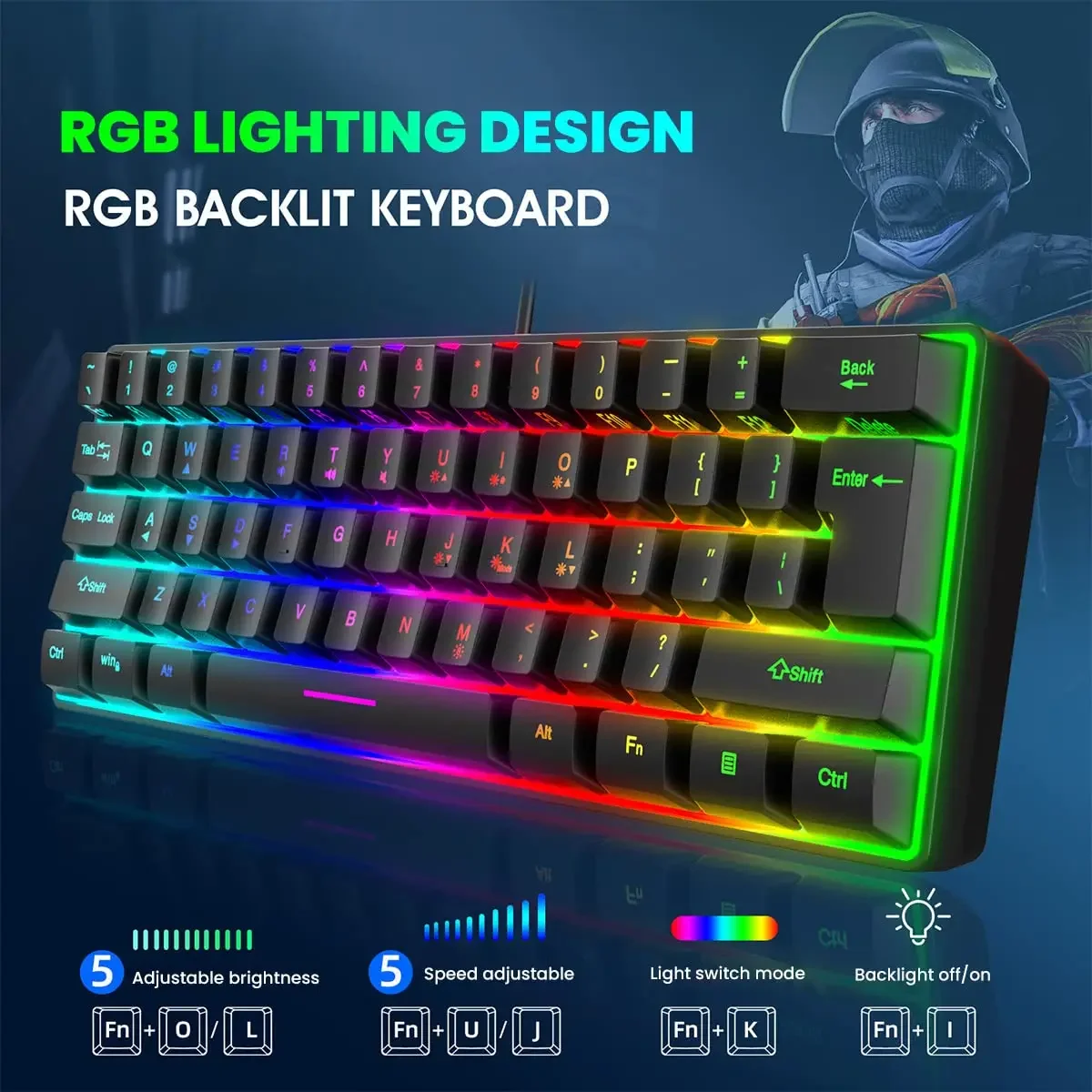 61 Keys RGB Backlit 60% Wired Gaming Keyboard, Ergonomic Waterproof Mini Compact 60 Percent Mechanical Feeling Keyboard, for PC