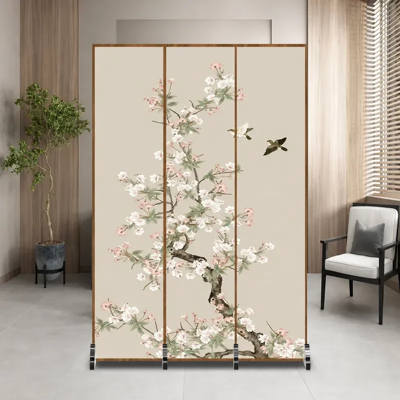 New Chinese Style Simple Modern Partition Entry Fabric Blocking Living Room Wooden Screen Entrance Decorative Mobile Seat