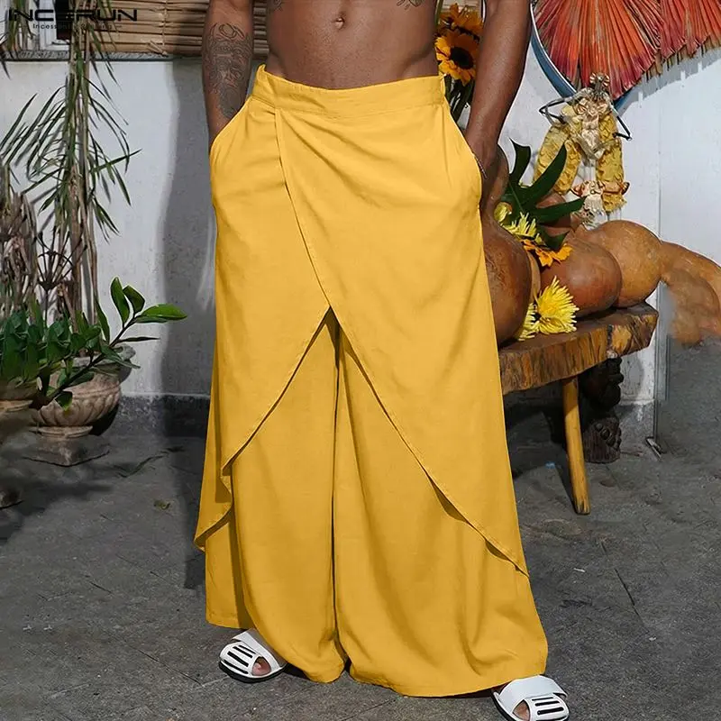 

INCERUN Men Pants Solid Color Elastic Waist Joggers Loose Irregular Trousers Men Streetwear 2026 Fashion Casual Male Long Pants