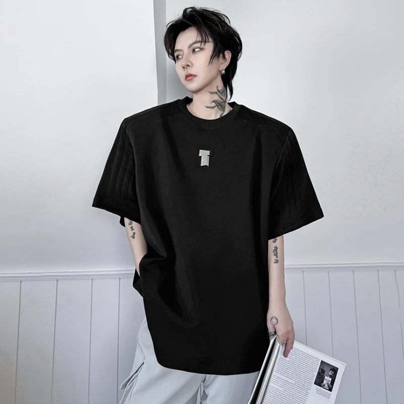 LUZHEN Metal Decorate Pleated Design Solid Color Short Sleeved T-shirts New Trendy Men's Tops Korean Reviews Many Clothes LZ2602