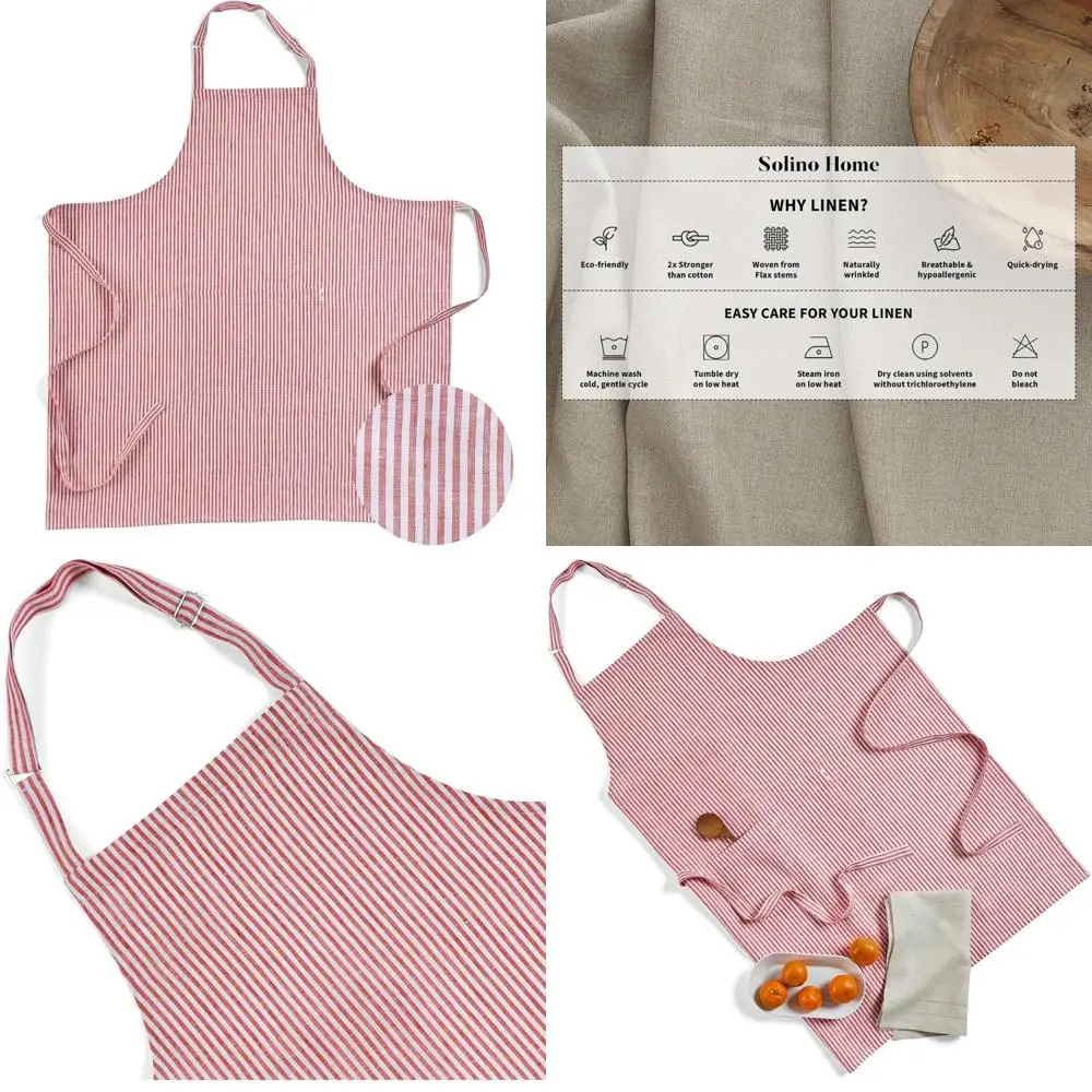 

Pure Linen Apron - Unisex Red and White Stripe Midi Bib with Adjustable Neck Strap, Full-Length Kitchen Apron for Cooking and Ba