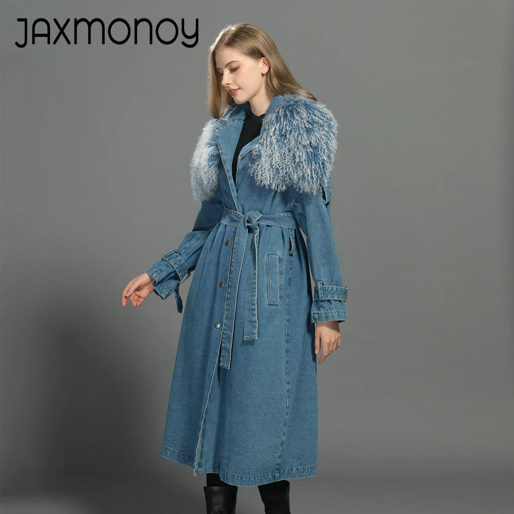 Jaxmonoy Women's Denim Trench Coat With Real Mongolian Sheep Fur Collar Spring Ladies Long Denim Windbreak Autumn New Outwear