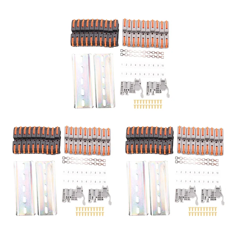 

60X DIN Rail Terminal Blocks Kit, With Universal Compact Connectors, Connection Bar, Marker Strip, Screws, 28-12 AWG-BAAX