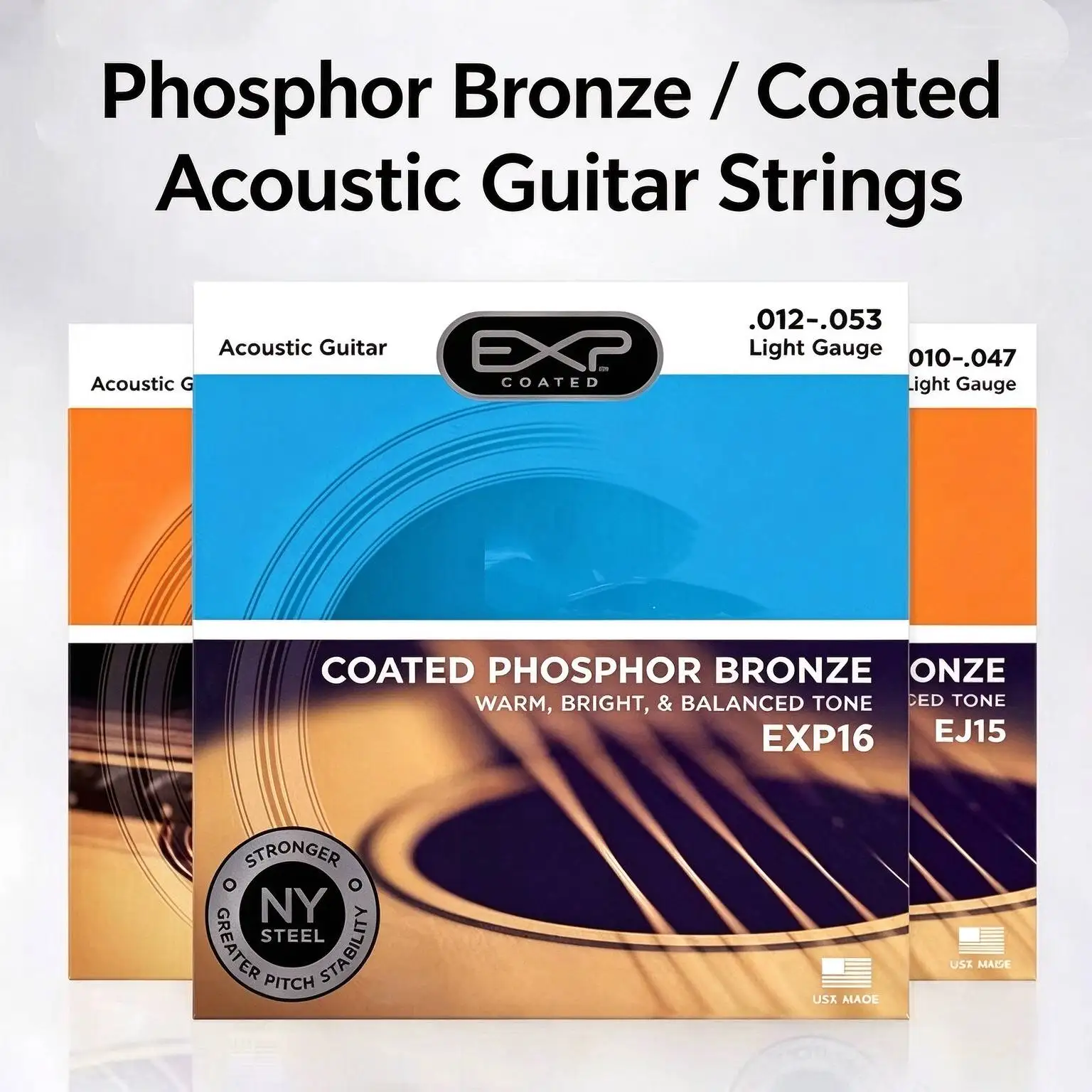 Cordes pour guitare acoustique EXP16, en bronze phosphore revêtu. Calibre léger 012-053, jeu de 6 cordes, embouts à bille codés par couleur, revêtement antirouille.