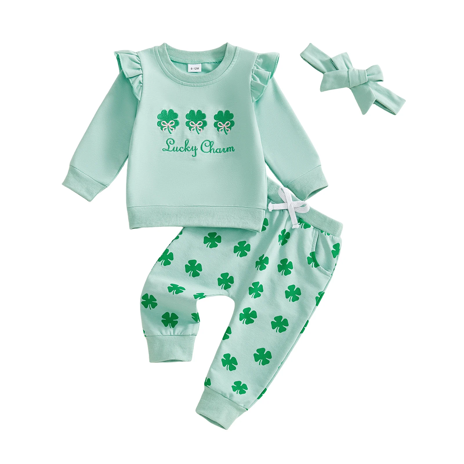 Kid Girls Pants Set, Shamrock Print Long Sleeve Sweatshirt with Pants Headband Clothing Set
