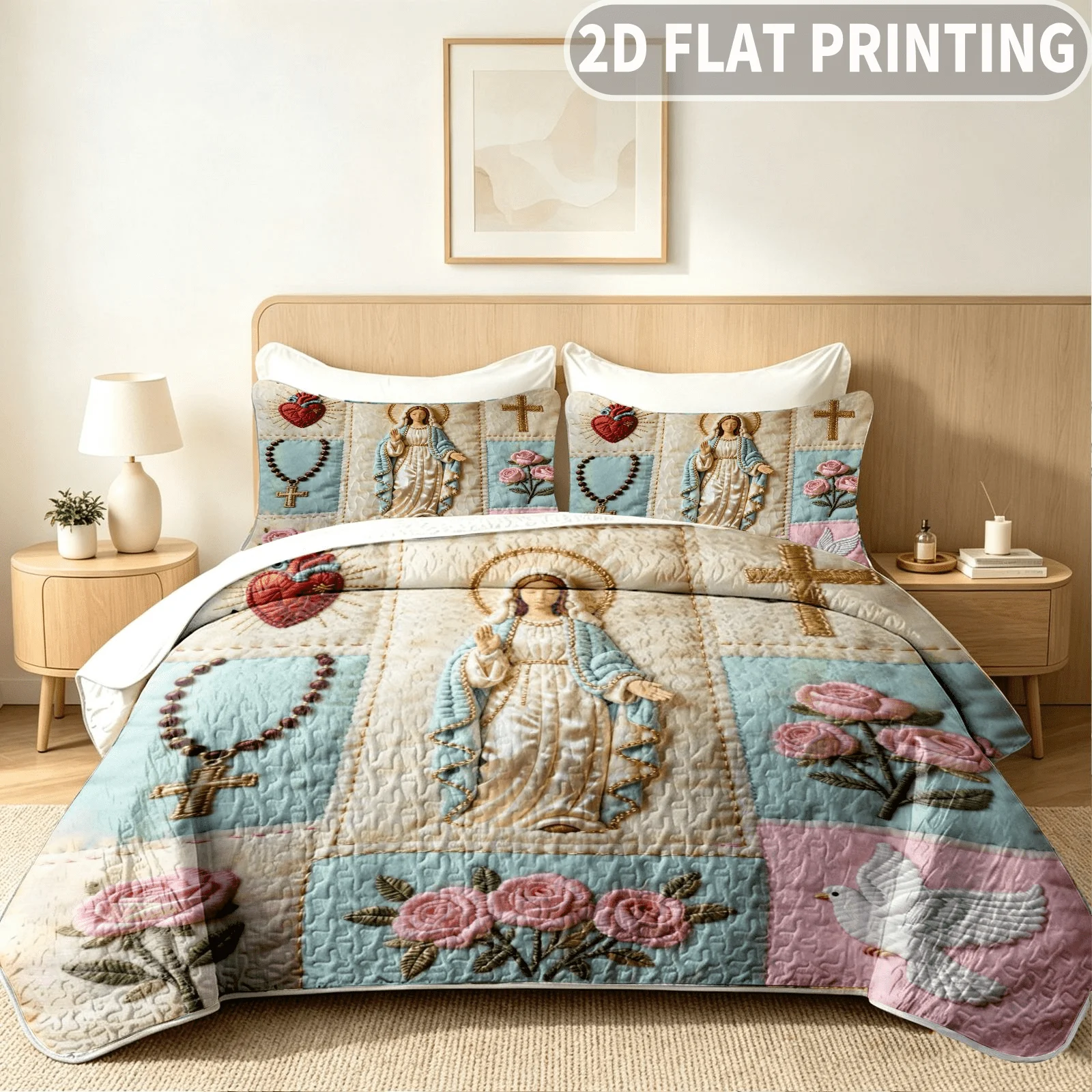 3pcs Quilted Durable Quilt Cover (1pc Quilt Bedspread + 2pcs Pillowcases Excluding Pillow Inserts), Religious Virgin Mary Design