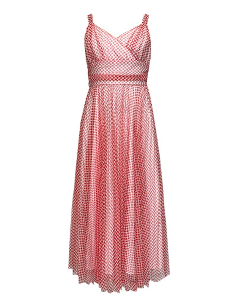 Dolce e carino vestito da partito sexy da donna vacanza maglia trasparente cinturino a pois rossi altalena senza schienale abito a pieghe vacanza al mare club abiti