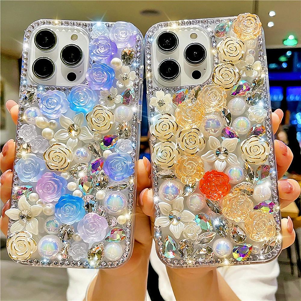 Fantasy Gradual Rose Diamond Pearl Flower Phone Case For Samsung S23 S22 S21 S20 FE Ultra Plus Note 10 20 Pro A 52 A72 53 A54