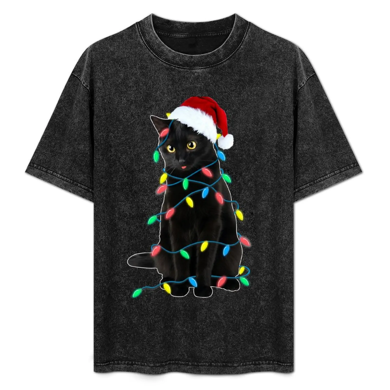 Black Cat Christmas Led Lights Xmas Tree kitten in Santa hat funny gift T-Shirt customizeds tops Men's clothing