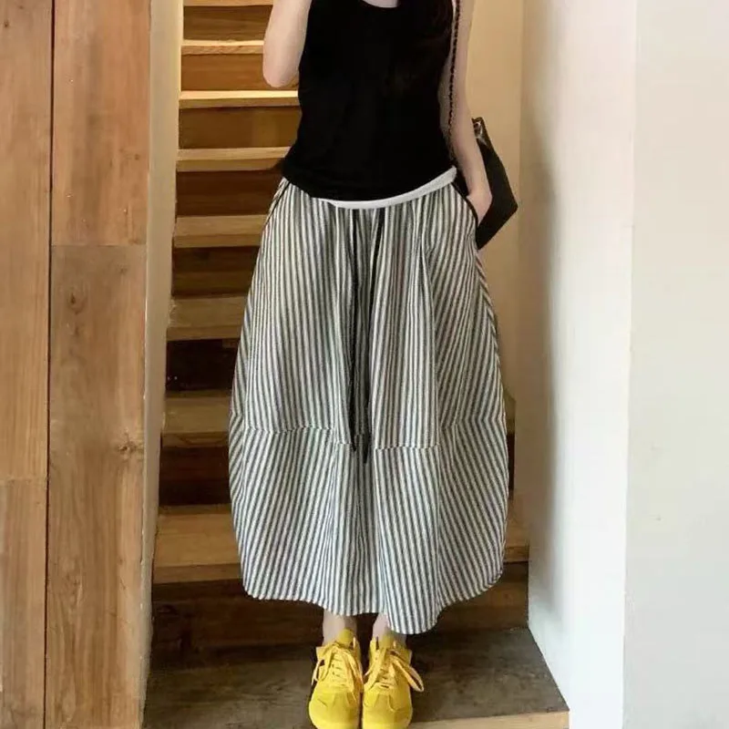 Retro Striped Drawstring Skirts for Women High Waist Slimming Midi A-Line Skirts Female Clothes Casual Summer Bloom Long Skirts