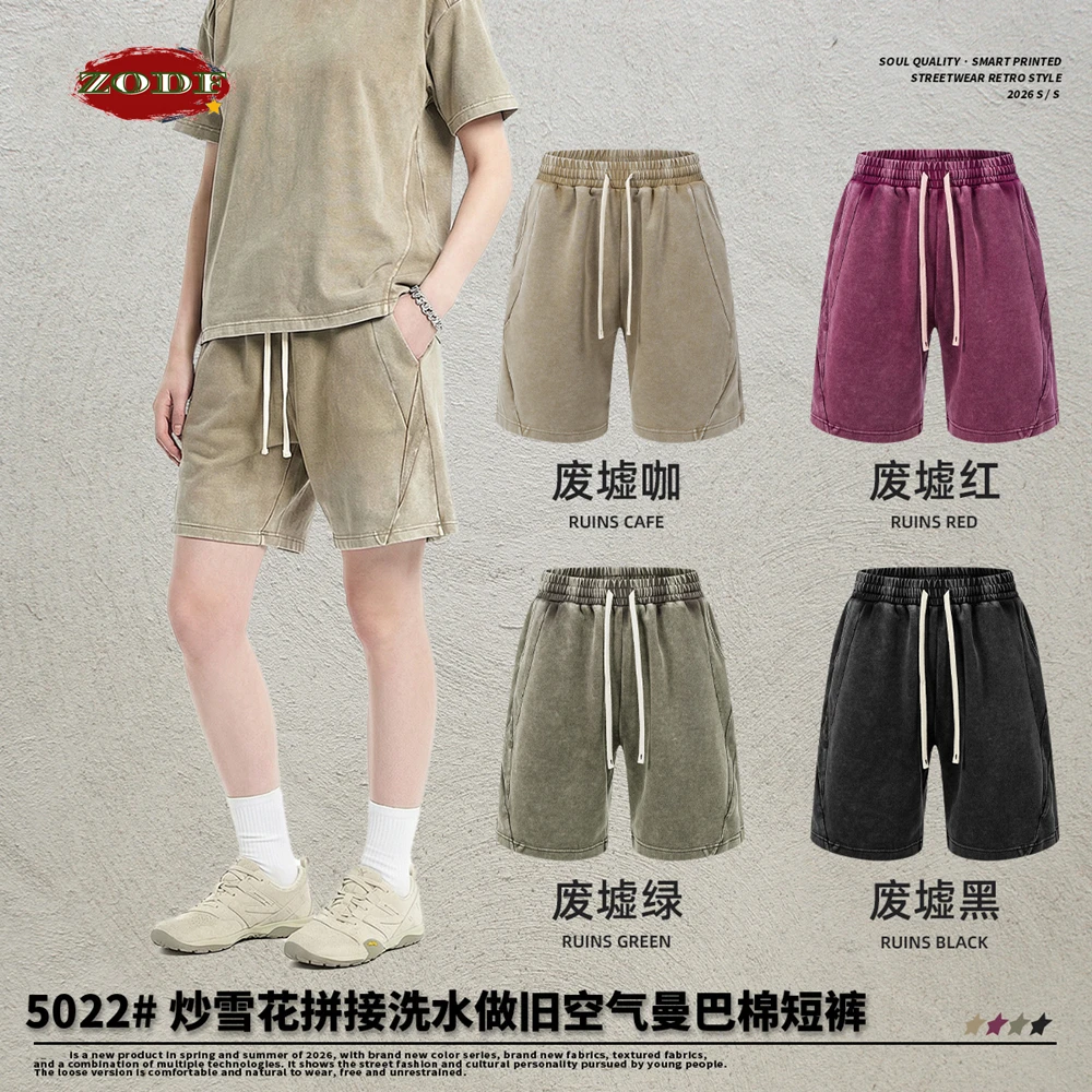 ZODF Retro Men Summer 305gsm Washed Comfortable Shorts Unisex High Street Patchwork Distressed Solid Shorts Brand Bottoms HY1229