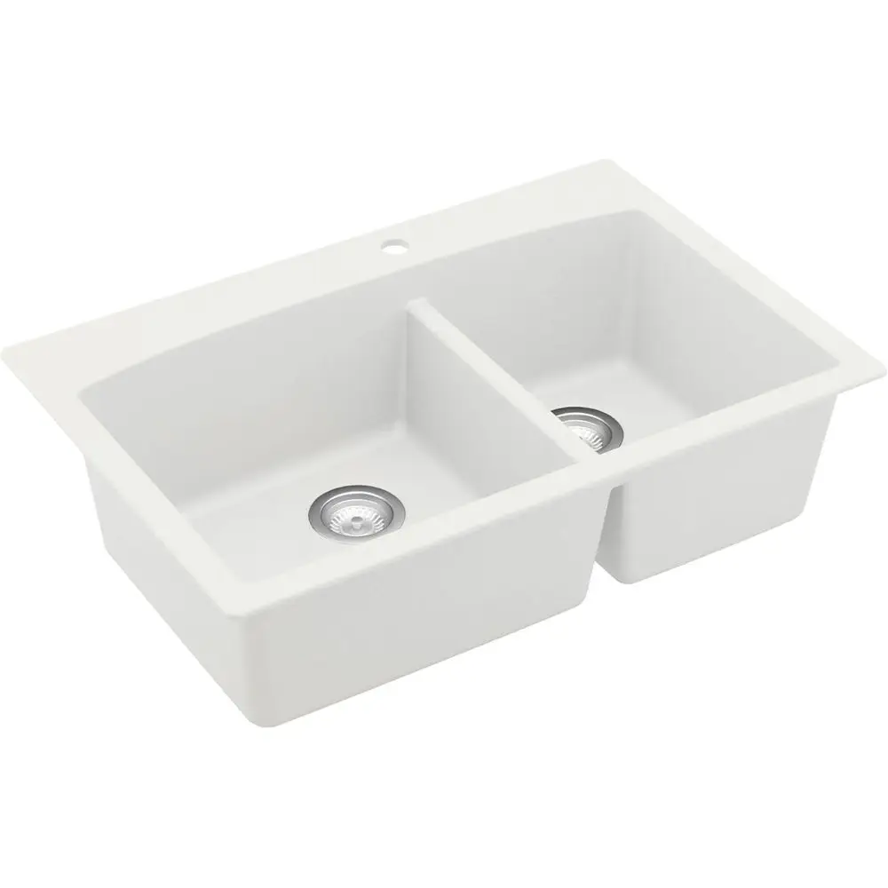 

Quartz Composite Drop-In 60/40 Low-Divide Double Bowl Kitchen Sink, Top-Mount, White, Heat & Scratch Resistant, Pre-Drilled Fauc