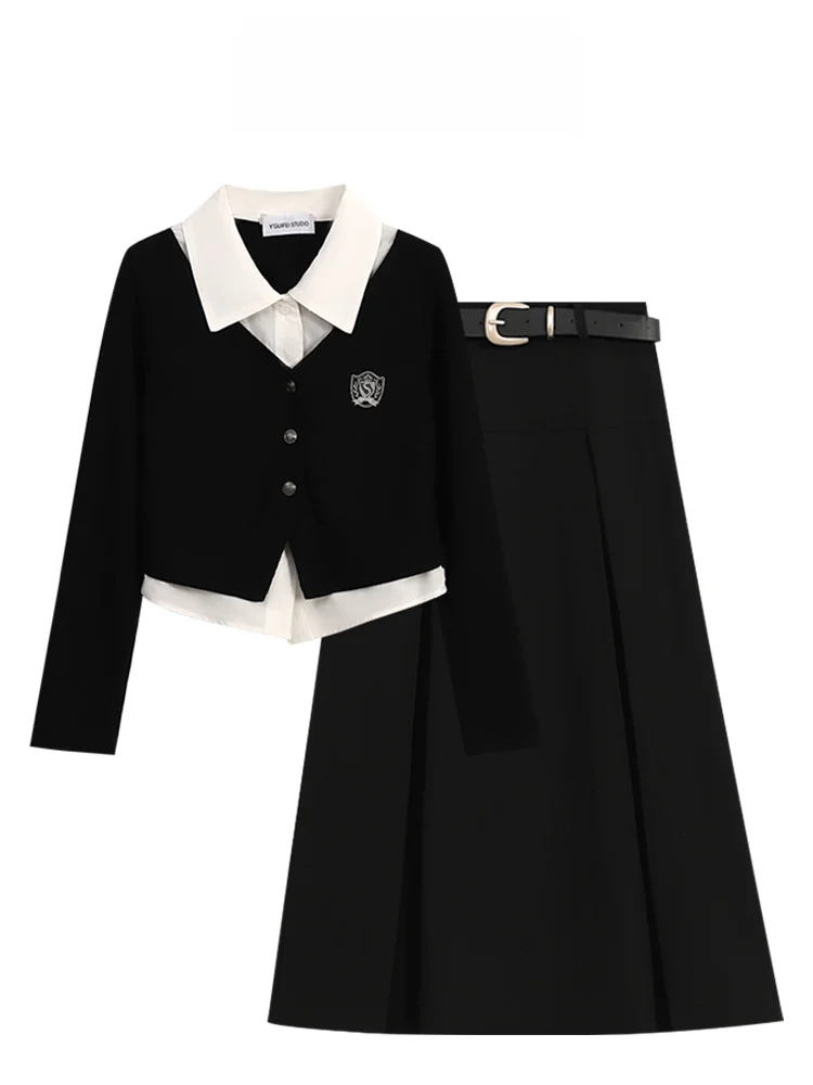 Polo Collar Shoulder Long sleeve Fake Two Pieces Knit Top Spring New Design Pleated Skirt Two-piece Set