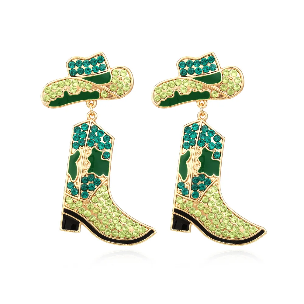 Fashion Cowboy Cowgirl Hat Shoes Rhinestone Crystal Dangle Stud Earrings For Women Shine Boots Earrings Jewelry Gift