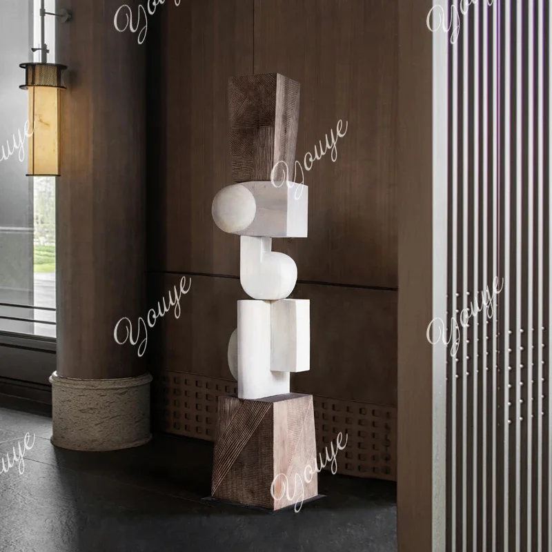 K49 Hotel Entrance Wood Carving Ornament Floor-to-ceiling Large Abstract Sculpture Artwork Staircase Decoration