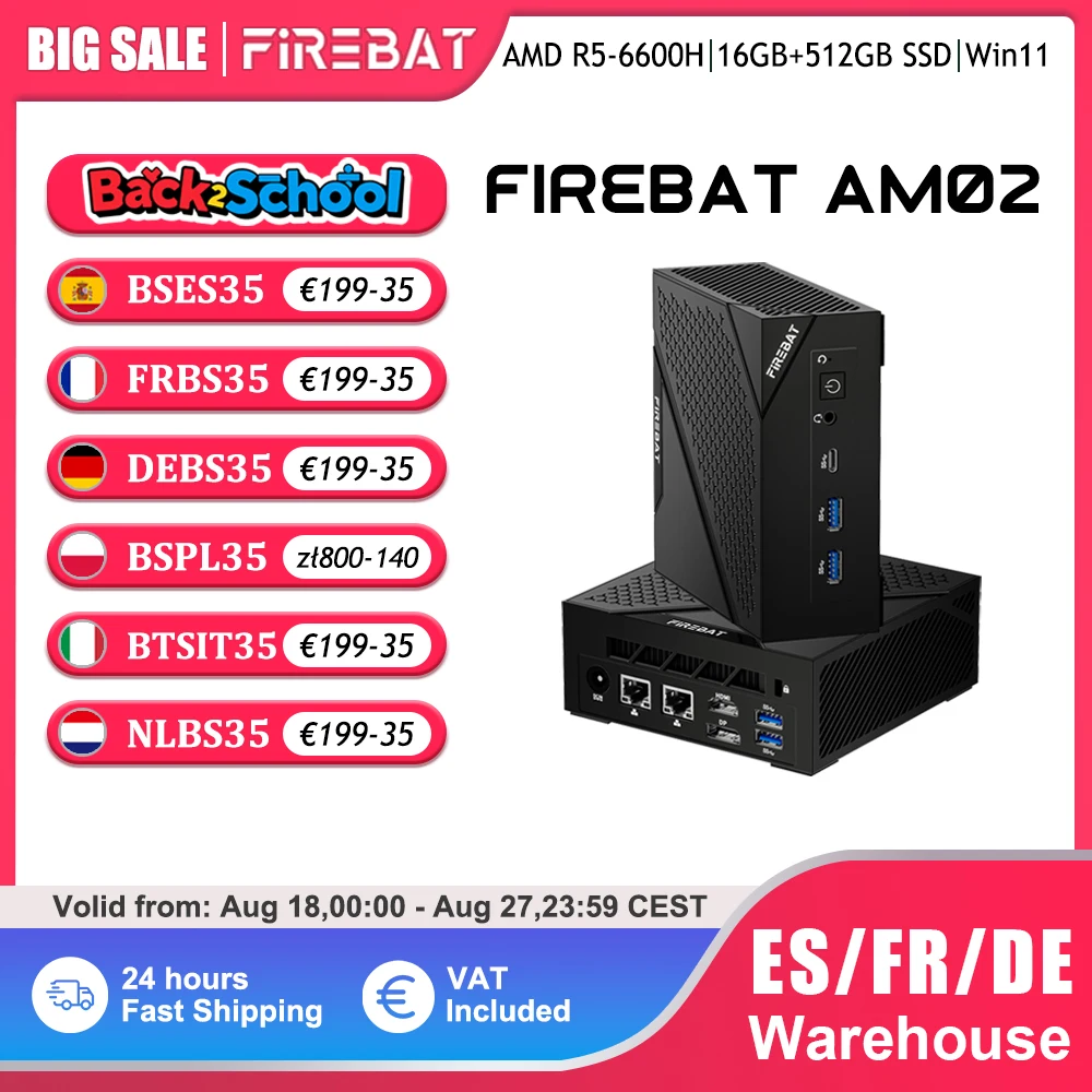 FIREBAT AM02 MINI PC AMD Ryzen 5 6600H DDR5 16GB RAM 512GB SSD WIFI6 BT5.2 portatile Desktop MINI PC Computer porta di rete HDMI