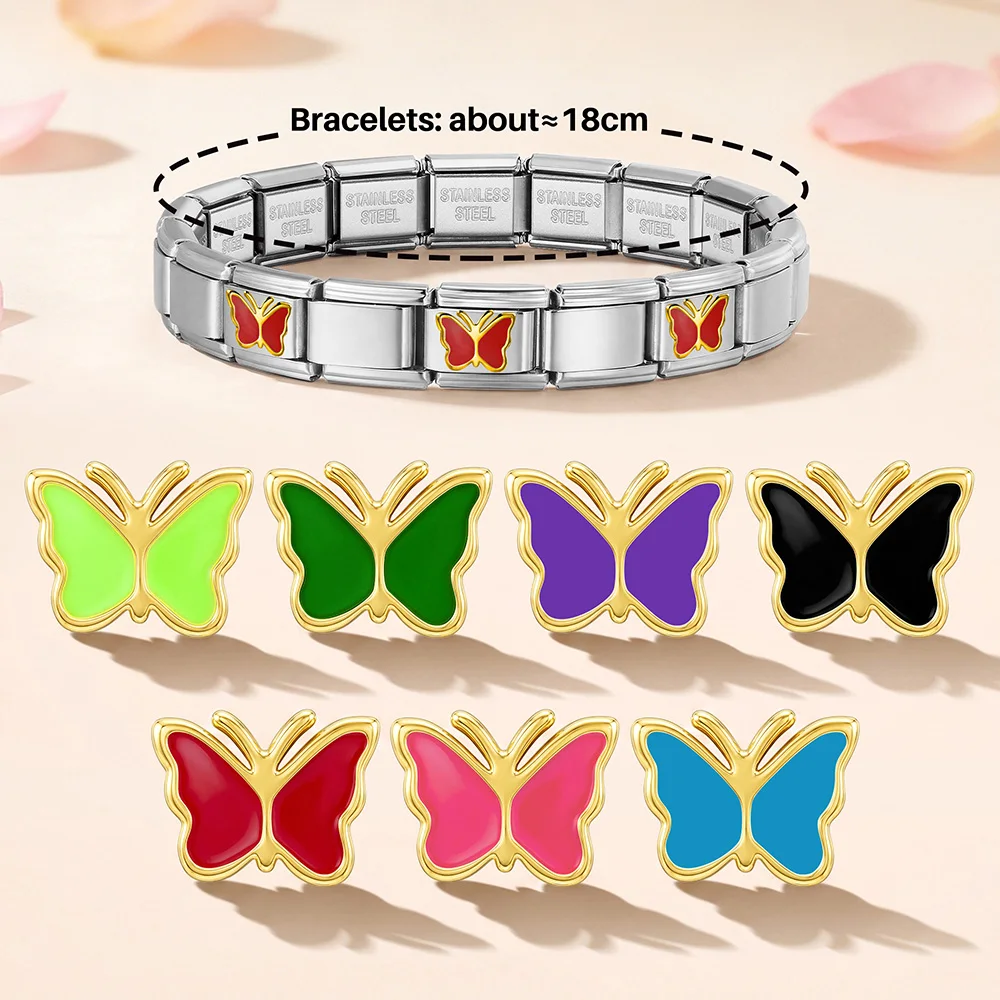 Silver Color DIY Charm Women Jewelry Hand Chain Trendy Italian Link Fit 9mm Stainless Steel Colorful Butterfly Bracelet Making
