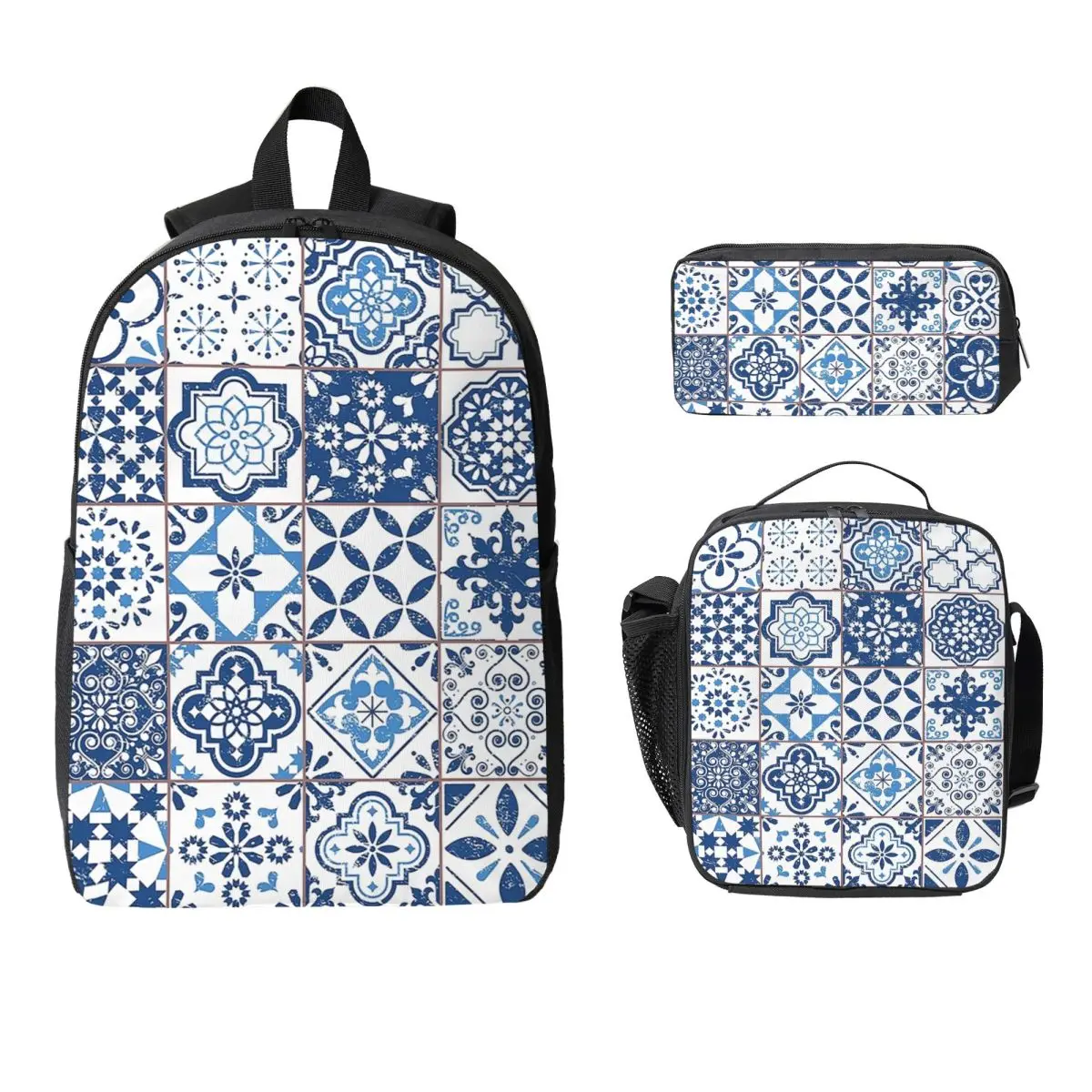 

Portuguese Azulejos Backpack Student Boys Girls BookBag School Bag Laptop Shoulder Bags 3ps Insulated Lunch Bag Pencil Case