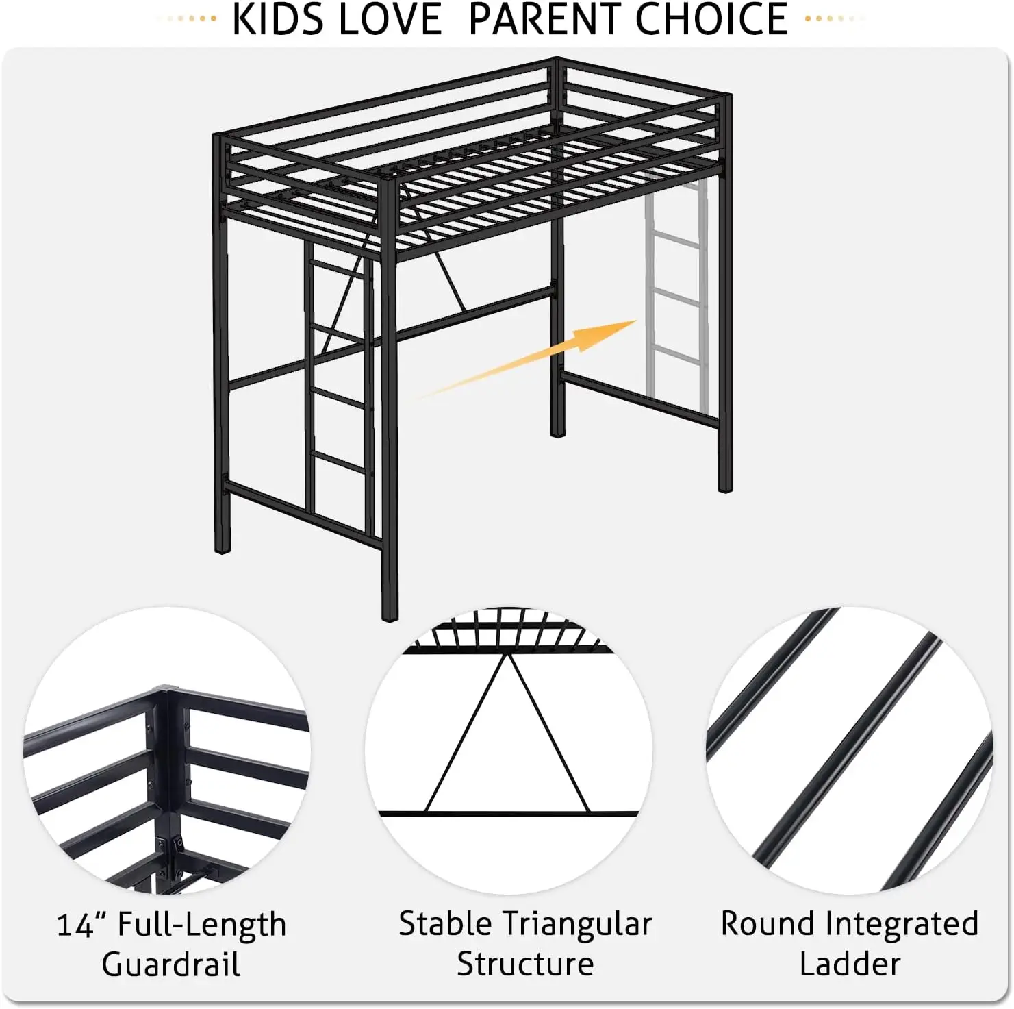 Cama alta junior de tamaño doble, estructura de cama doble resistente con barandilla de longitud completa y escaleras extraíbles, sin ruido, que ahorra espacio, No