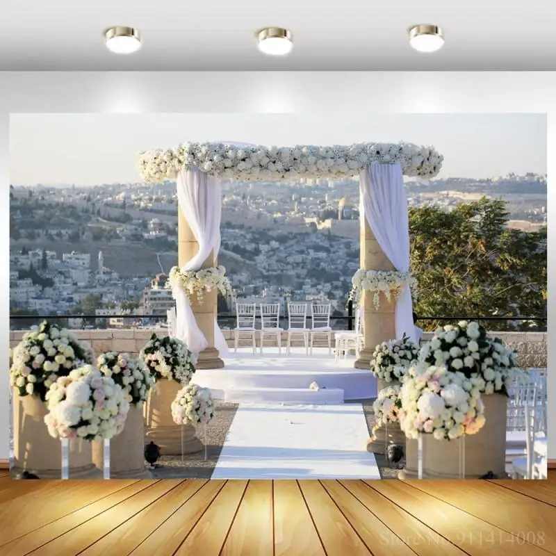 Romantic Outdoor Rooftop Wedding Flowers Stage Photography Background City Building View Marriage Party Backdrop For Photo