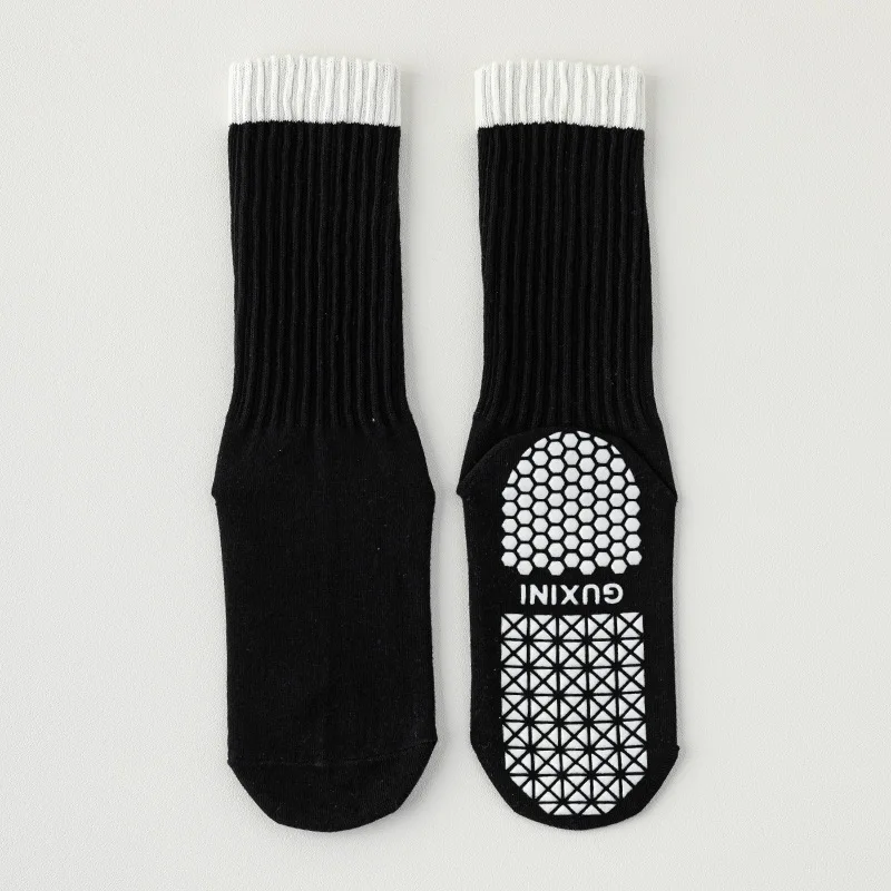 

Женские носки для йоги с нескользящими ручками, спортивные носки до середины икры для пилатеса, тренажерного зала, дизайн с цветными блоками, дышащий хлопок