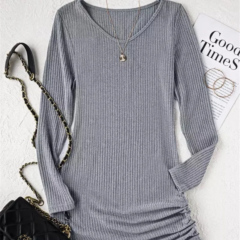 Spring and Autumn Women's Solid Color Pullover Round Neck Long Sleeve Slim Fit Knitwear Comfortable Elegant Commuter Dress