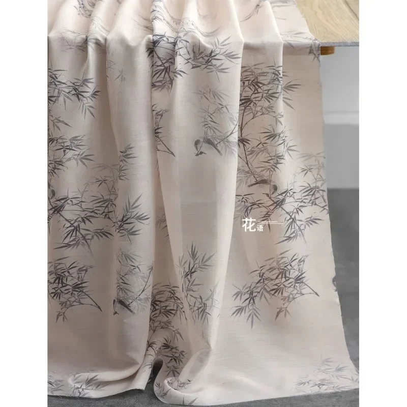 Printed Fabric Apricot Color Bamboo Pattern Ink Painting Chinese Style Hanfu Dress Designer Cloth Apparel Sewing Meters Material