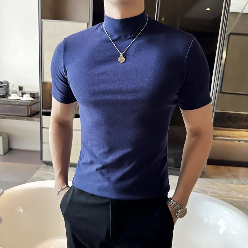 Autumn Winter Men\'s Half High Neck Short Sleeve T-shirt Korean Slim Fit Solid Color Bottom Shirt Casual Cotton Elastic T-shirts