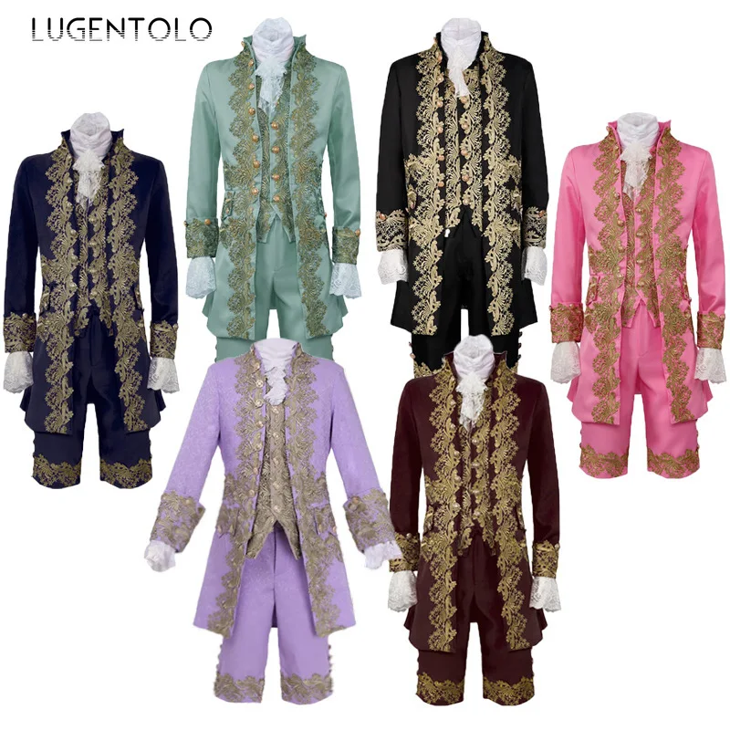 Men Court Prince Three-piece Set Gold Trim Patterns Medieval Tuxedo Coat Vest Pants False Collar Party Embroidery Retro Sets