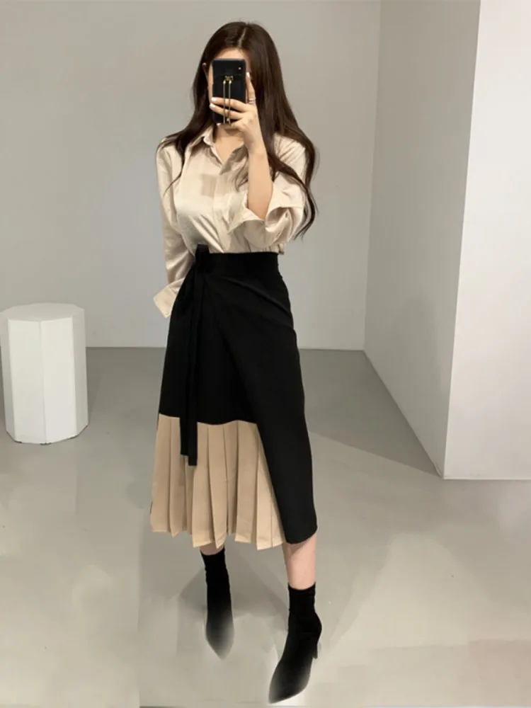 

Ele Long Sve irt с поясом, плиссированная юбка с высокой талией, женский комплект из двух предметов Busin Casual Faion, осень-весна