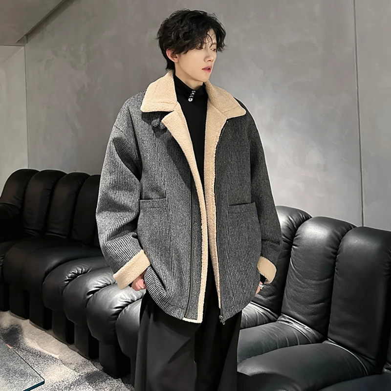 LUZHEN Fashion Elegant Lamb Wool Liner Warm Loose Casual Jacket Men's 2024 Winter High Quality Original Stand Neck Coat LZ8373