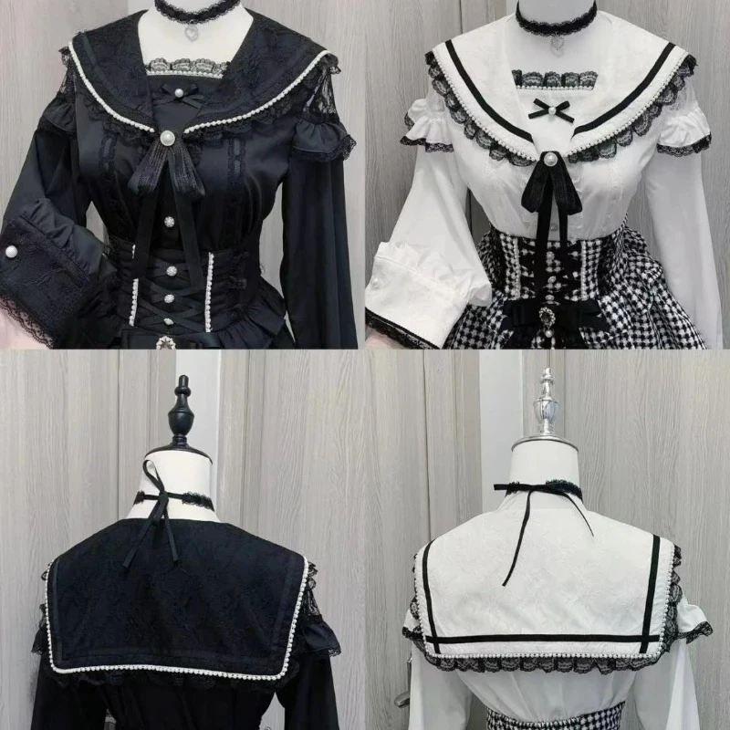 Camicia stile Lolita gotico giapponese Y2k Donna Kawaii Lace Ruffles Colletto alla marinara Fiocco Camicetta sottile Top 2025 New Fashion Blusas Femme