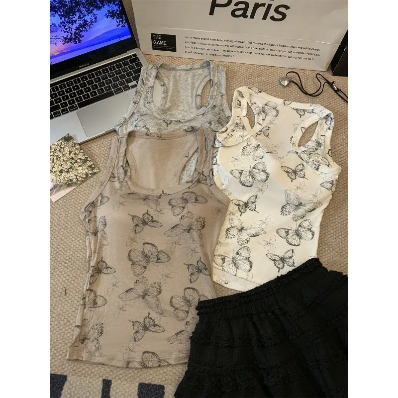 Vintage Spice Girl Outfit Sling Suspender Women's Summer Chinese Style Butterfly Printed Slim Fit Versatile Sleeveless Tank Top