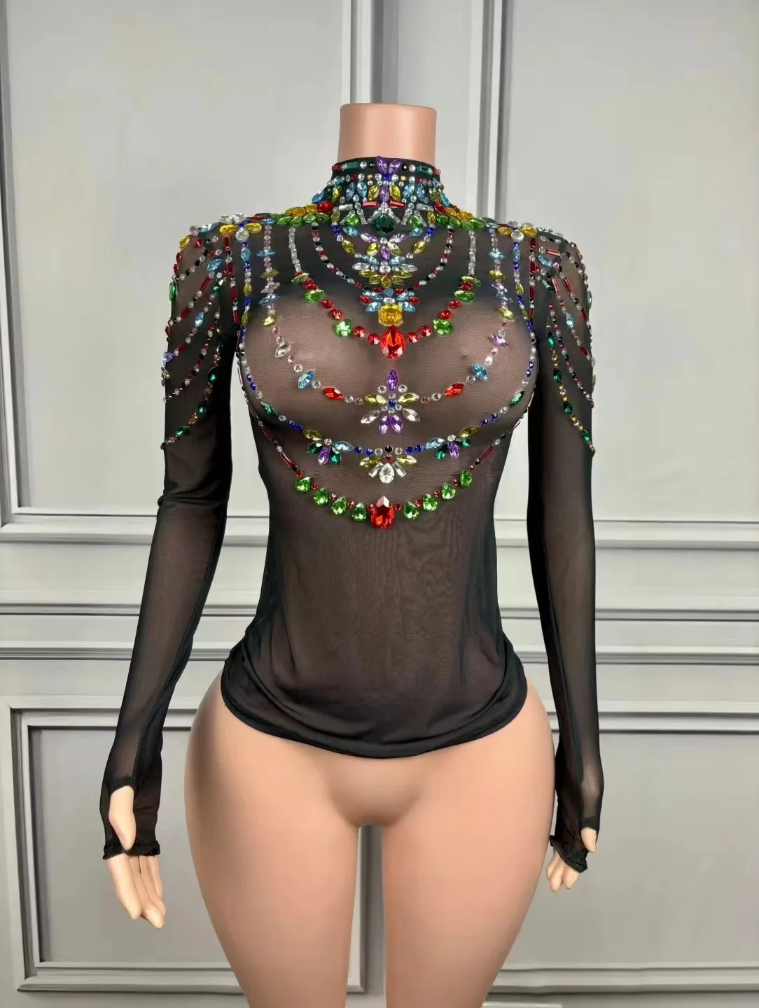 Sexy See Through Black Mesh Top for Women Shining Crystal Party Club Photo Shoot Wear Drag Queen Sing Stage Performance Costume