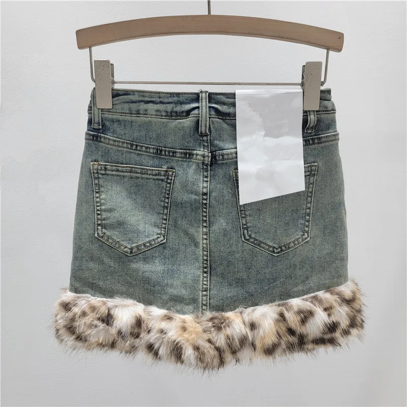 Leopard Print Furry Patchwork Stretch Denim Bodycon Skirt, 2025 Autumn Winter New Style, Sexy Rivet Hot Girl Short Skirt Women