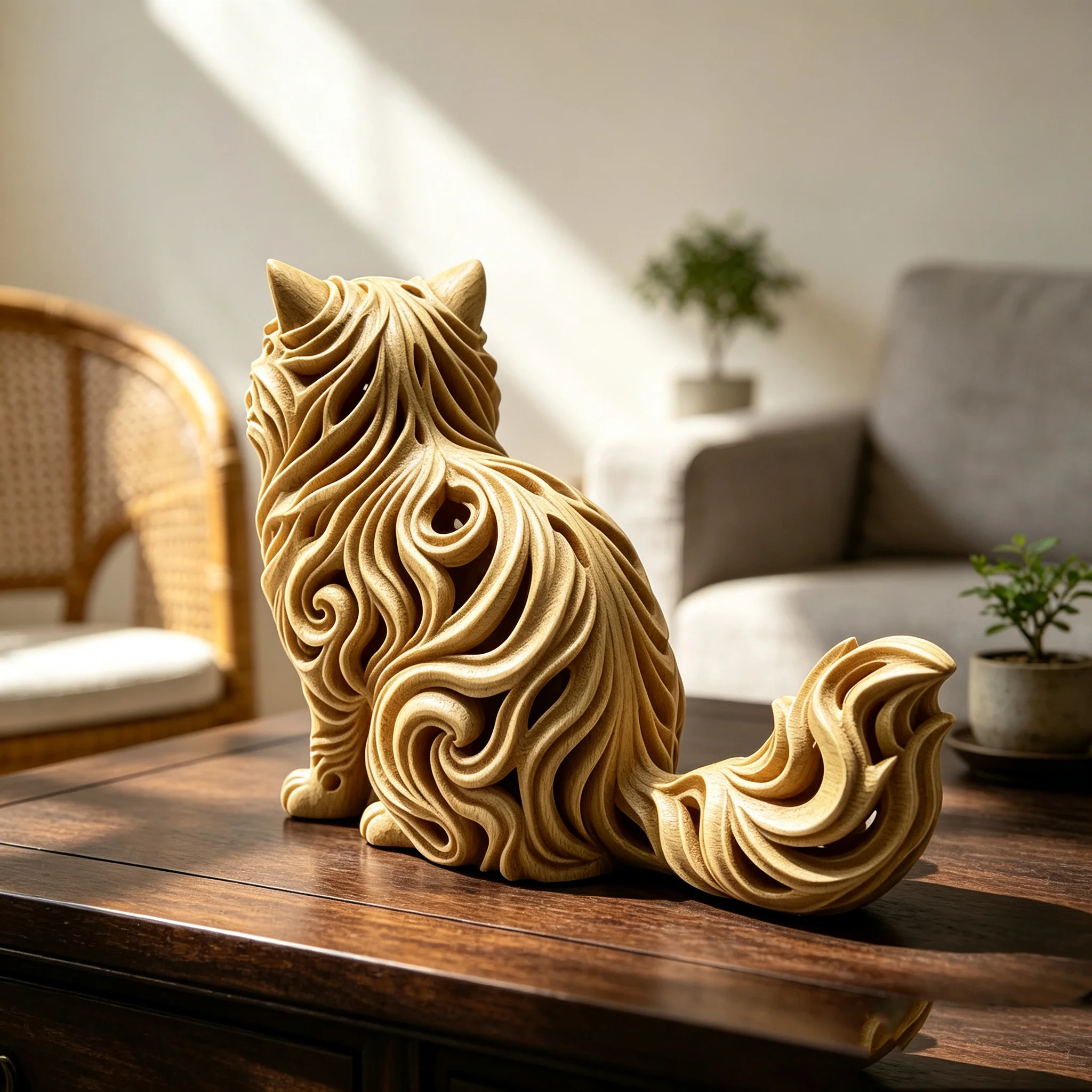 Vintage Hohlgeschnitzte Katzenfigur 3D-Gedruckt mit Holzimitat-Textur Langhaarige Katzenstatue Kunsthandwerk Dekoration für Zuhause und Schreibtisch – Detail 7