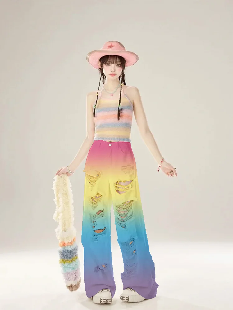 Original Tie Dye Rainbow Dopamine Ripped Jeans For Women High Waist Wide Leg Lolita Sweet Straight Leg Pants For Women