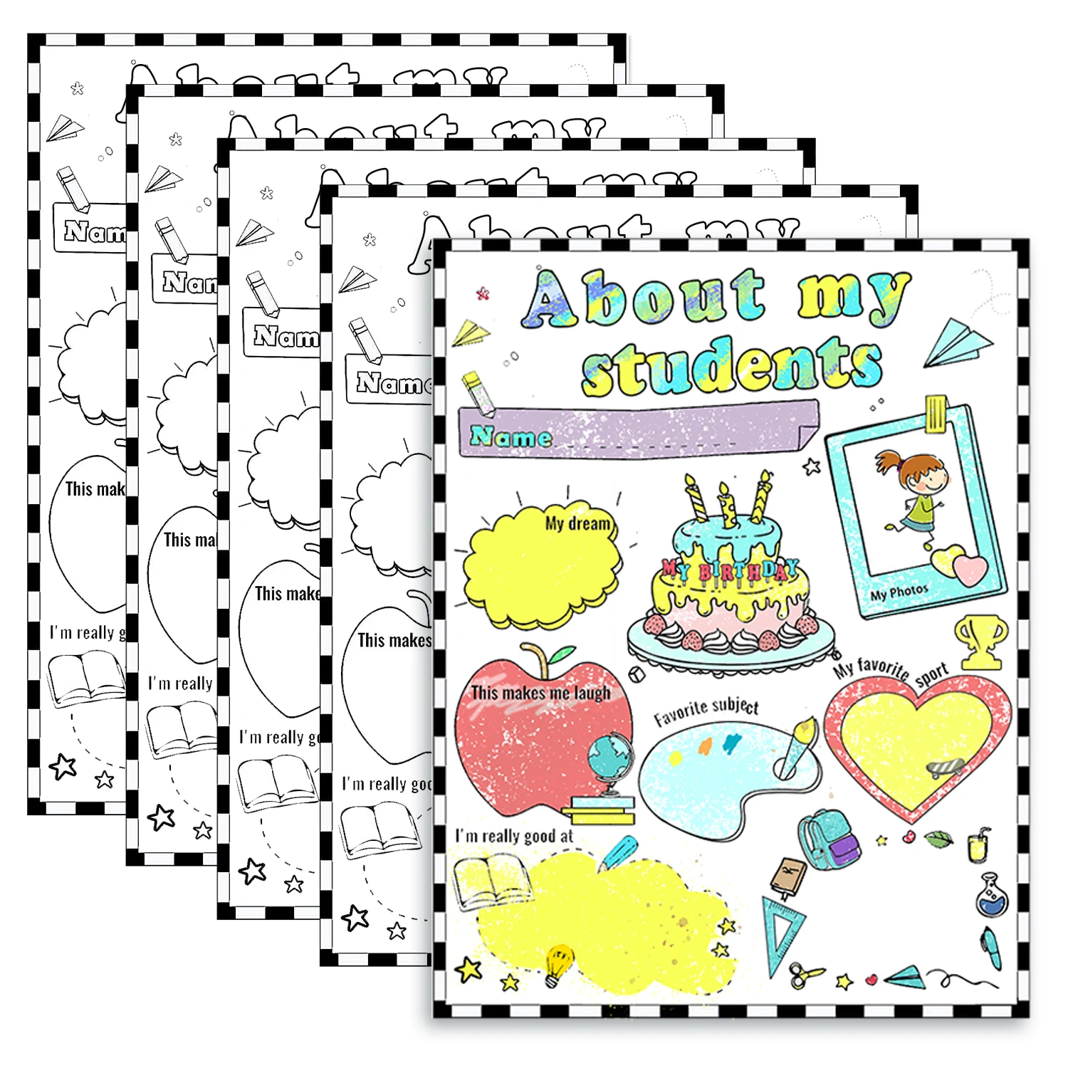 

5 плакатов с изображением моих учеников, школьные плакаты с самопрезентациями учеников, а также плакаты с граффити/раскрасками.