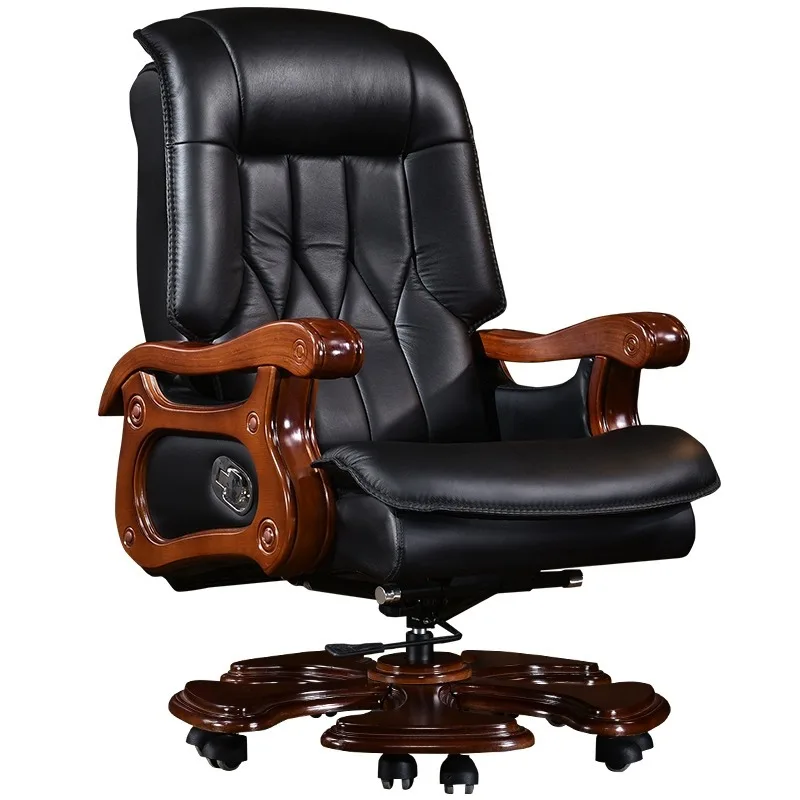 

Leather boss chair, Chinese class chair, high-end solid wood, home reclining